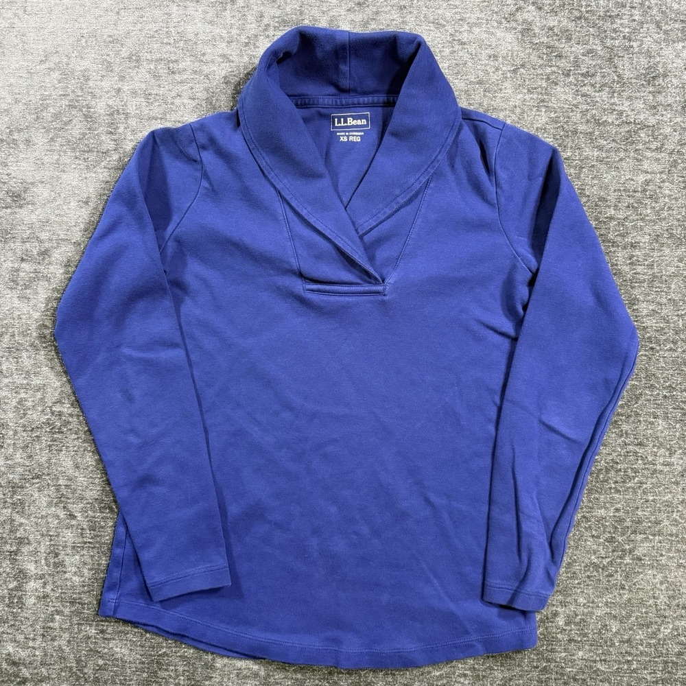 L.L. Bean Sweater Womens Size XS Reg Blue Tight Knit Cotton Shawl Collar Outdoor